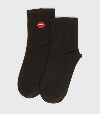 Image of Black Embroidered Lips Socks New Look