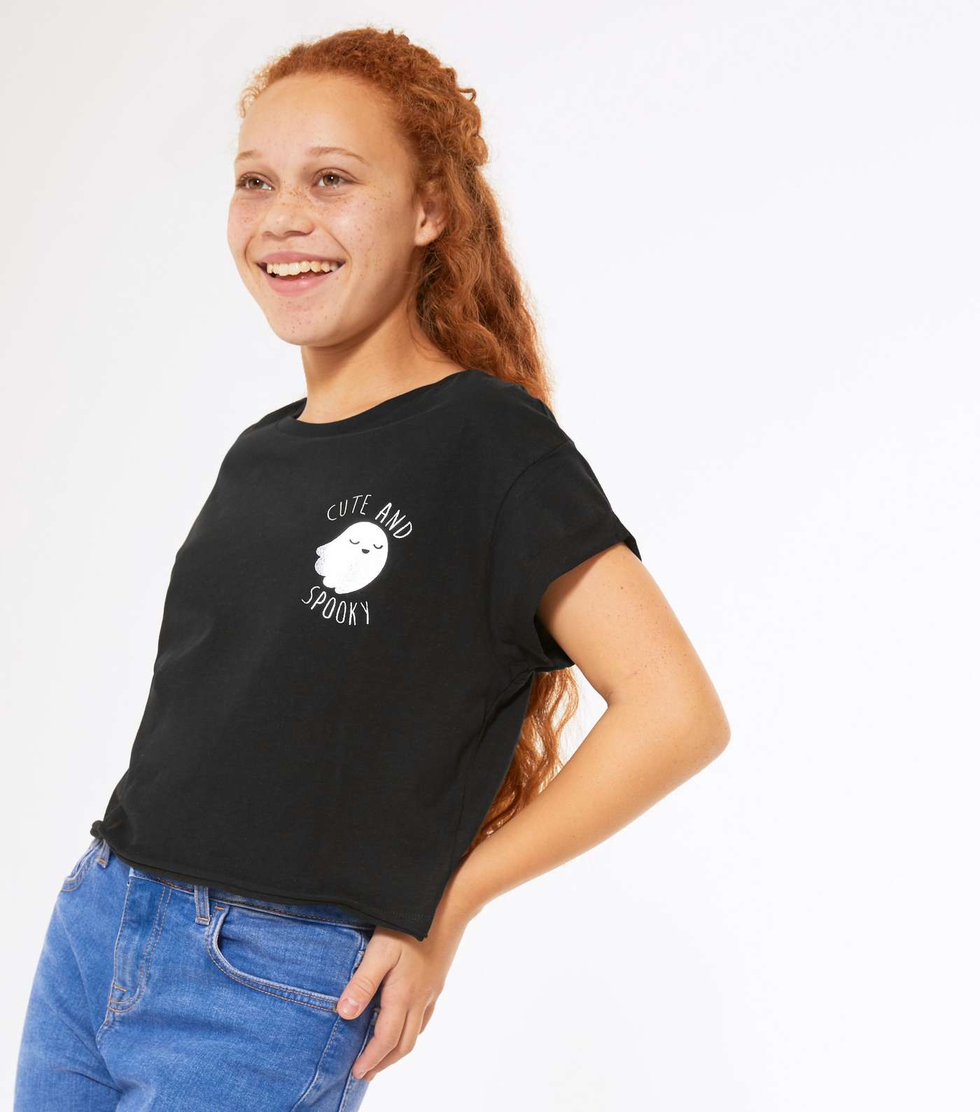 Girls Black Cute and Spooky Ghost Slogan T-Shirt