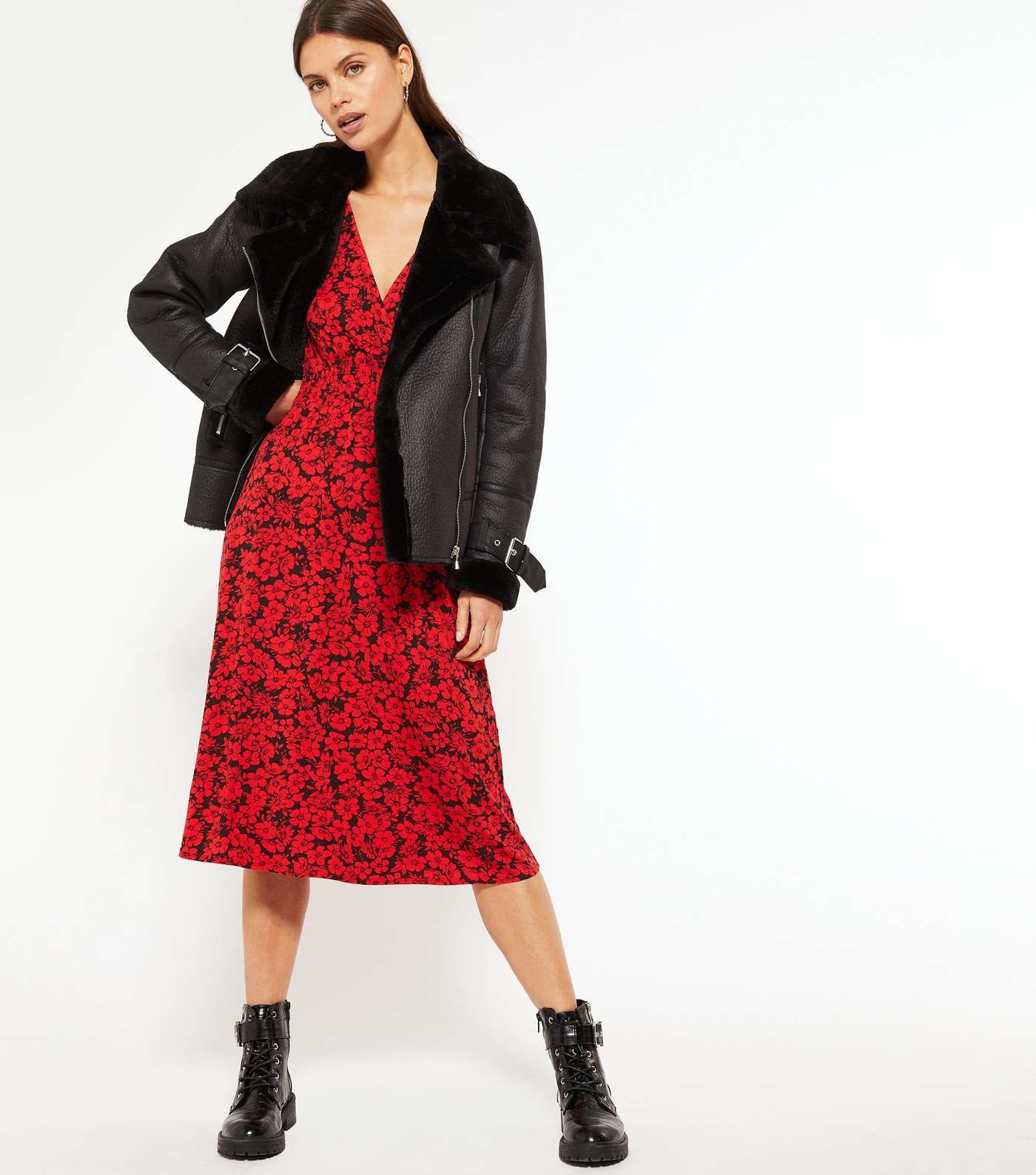 Red Floral Long Sleeve Midi Wrap Dress Image 2