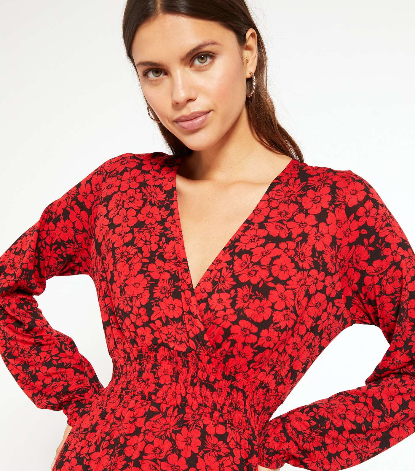 Red Floral Long Sleeve Midi Wrap Dress Image 4