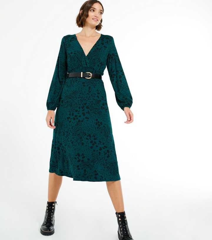 Dark Green Mixed Animal Print Midi Dress