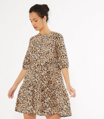 Brown Leopard Print Puff Sleeve Smock Dress | New Look
