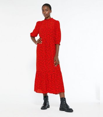 Tall Red Floral Frill Neck Tiered Midi Dress New Look