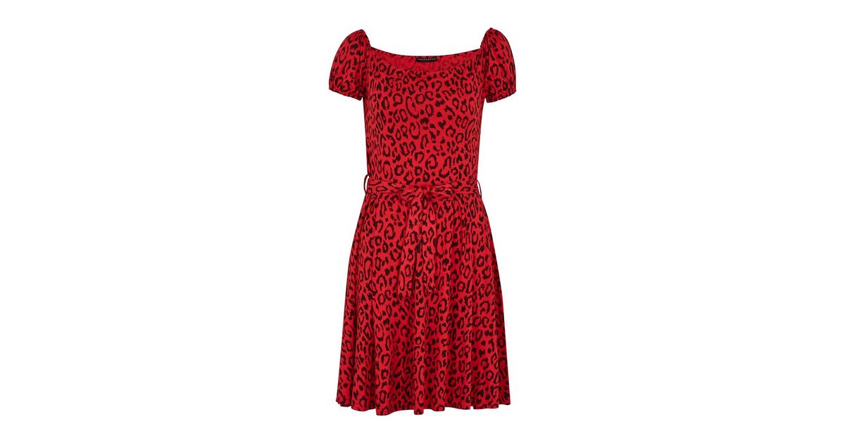 Red Leopard Print Puff Sleeve Mini Dress | New Look