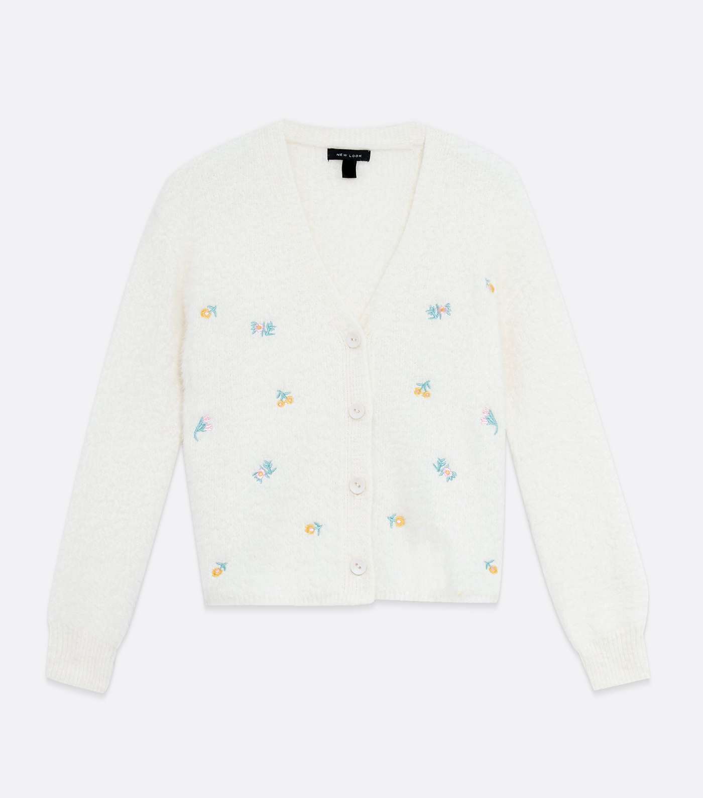 Off White Floral Embroidered Fluffy Knit Cardigan Image 5