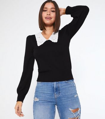 Image of Black Floral Broderie Collar Jumper New Look
