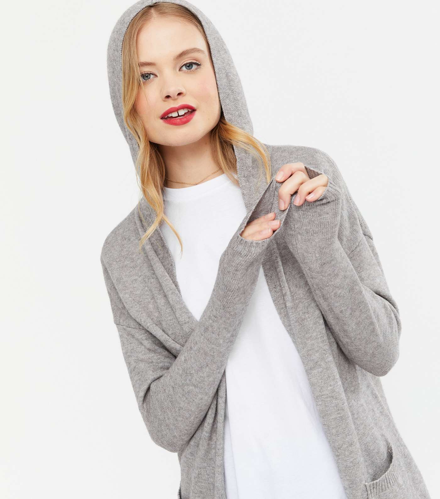 Pale Grey Knit Hooded Midi Cardigan  Image 3