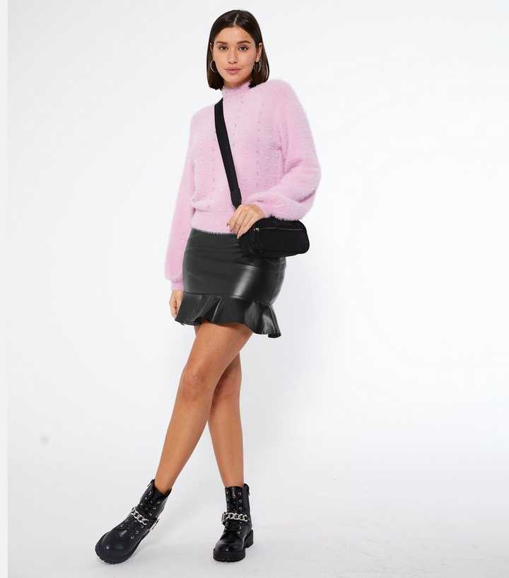 Pink Vanilla Black Leather-Look Peplum Mini Skirt | New Look