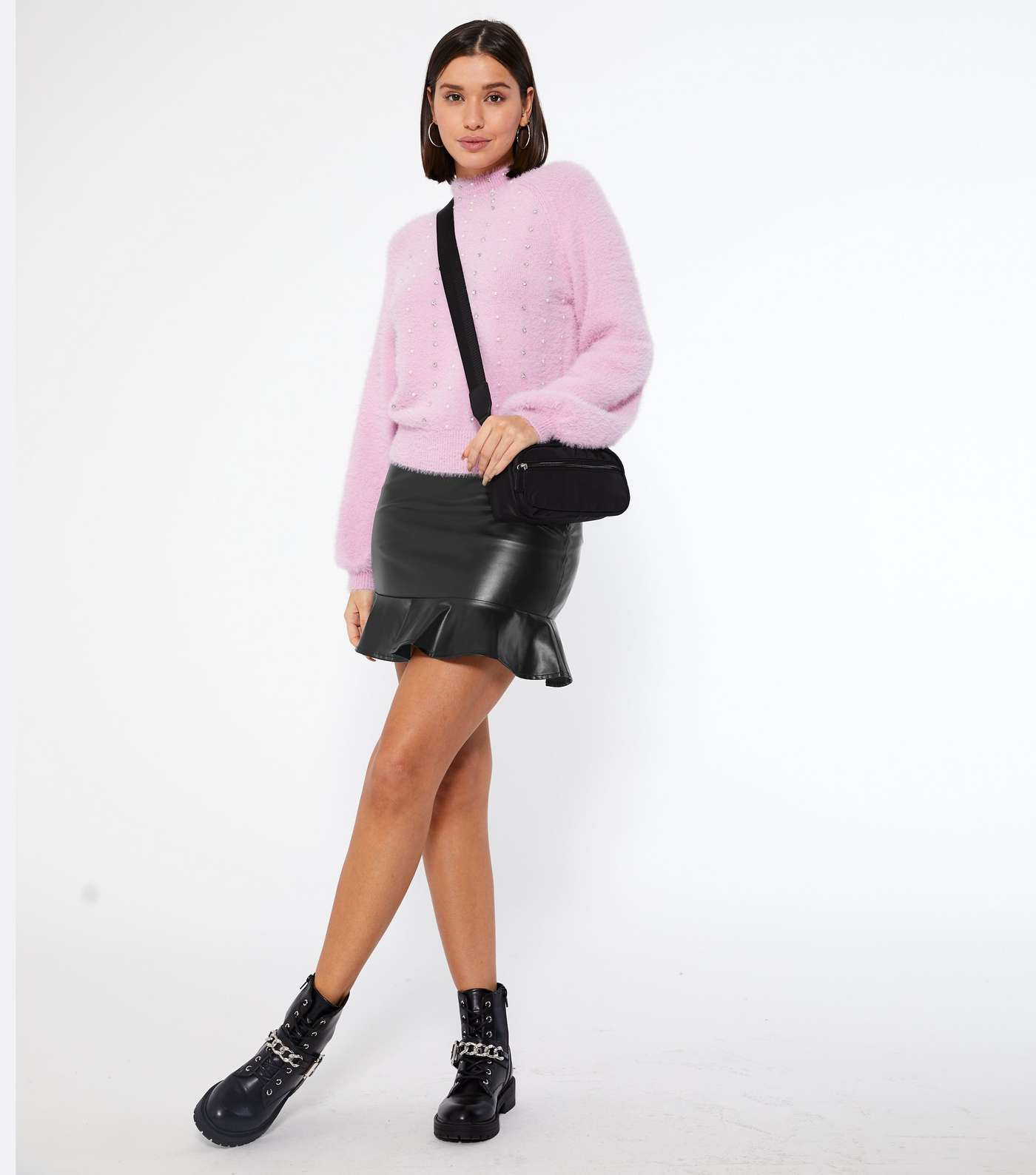 Pink Vanilla Black Leather-Look Peplum Mini Skirt