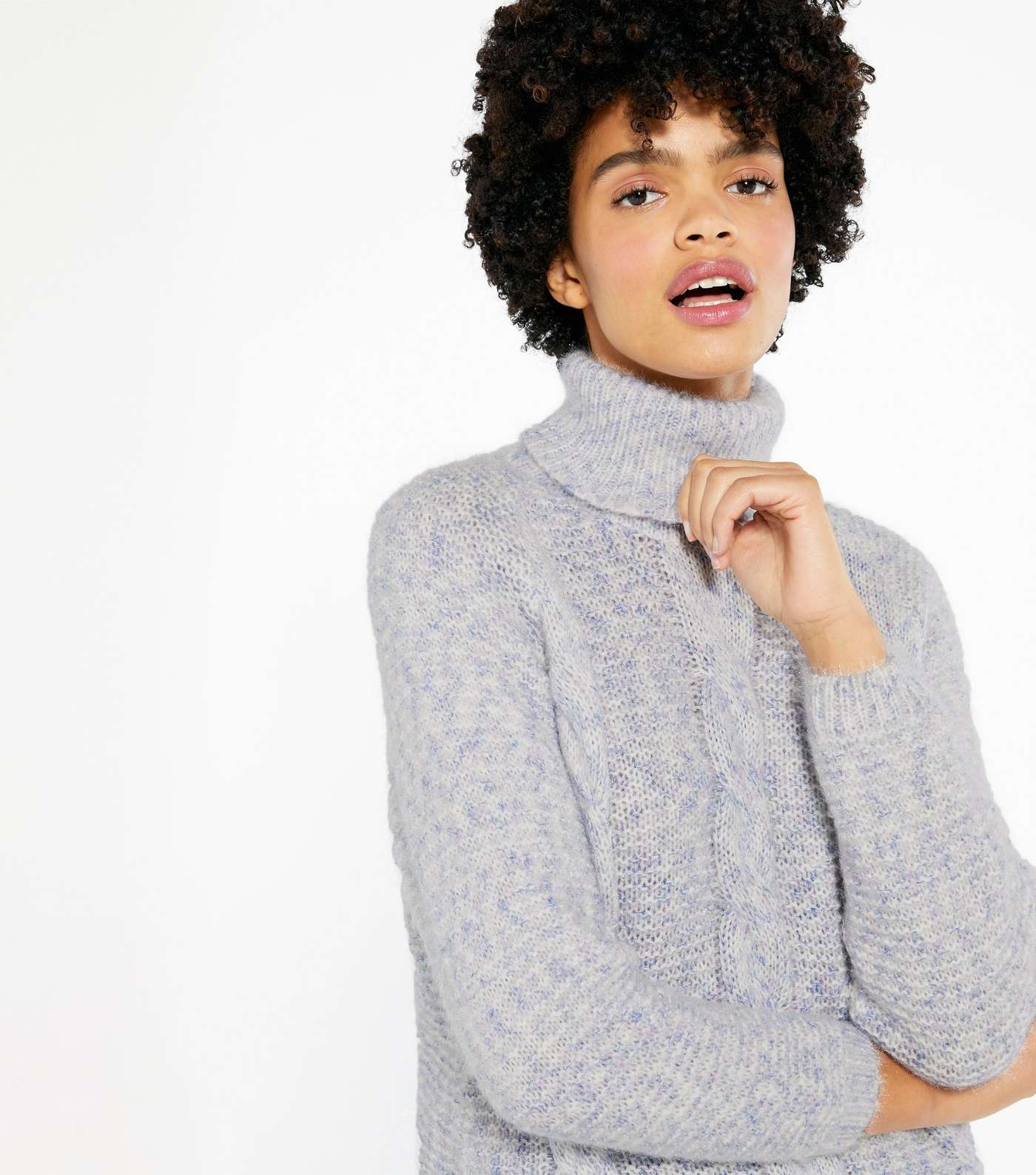 Blue Vanilla Pale Grey Roll Neck Cable Knit Jumper Image 3