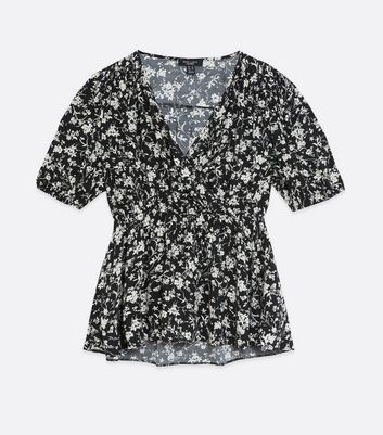 Image of Curves Black Floral Wrap Puff Sleeve Top New Look