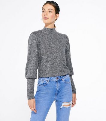 Pale Grey Puff Sleeve High Neck Jumper | New Look