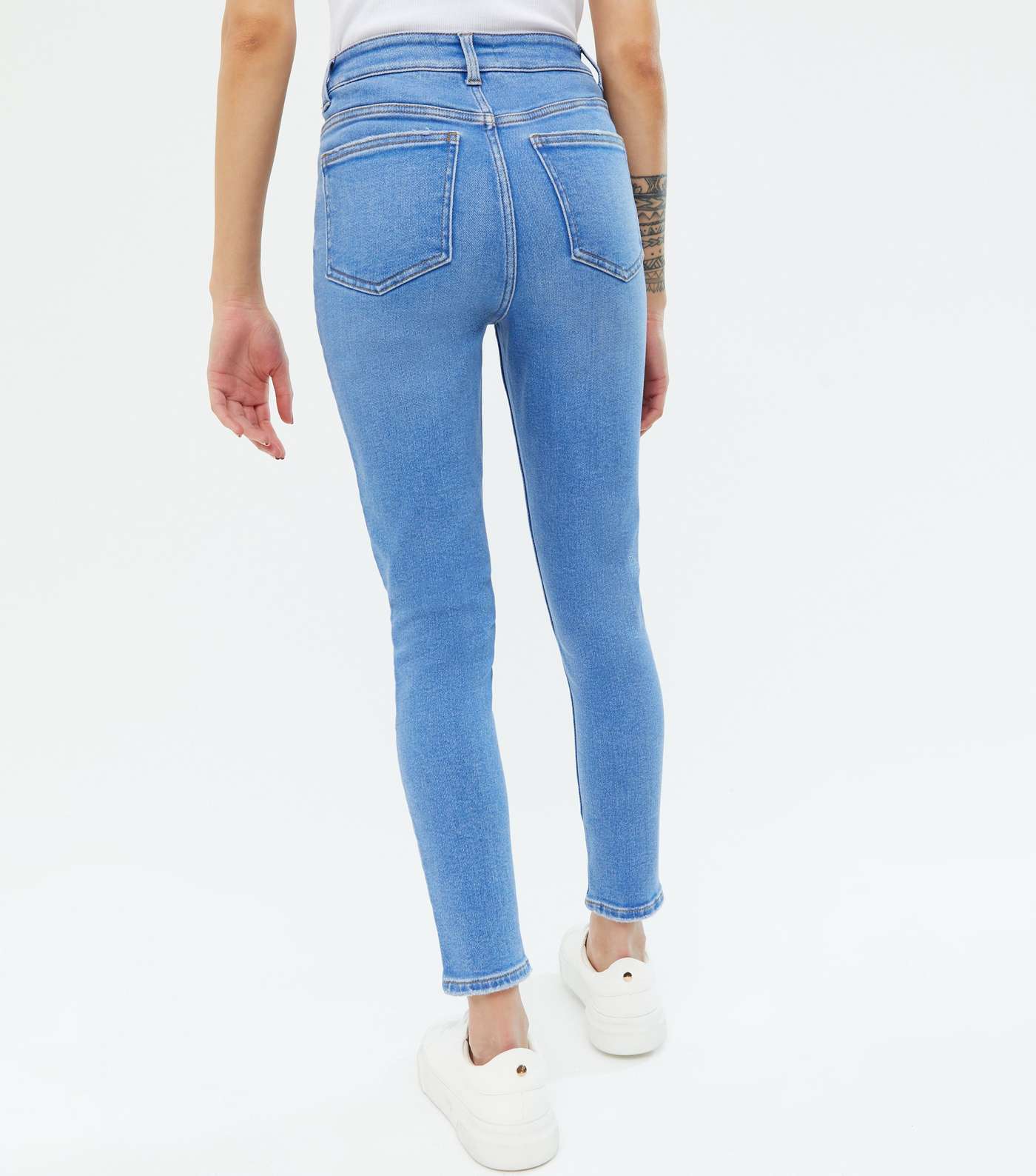Petite Bright Blue Ripped High Waist Hallie Super Skinny Jeans Image 4