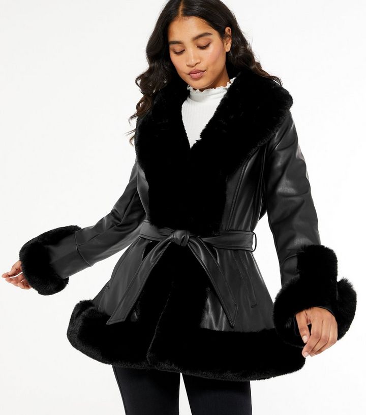 Cameo Rose Leather-Look Faux Fur Trim Belted Jacket