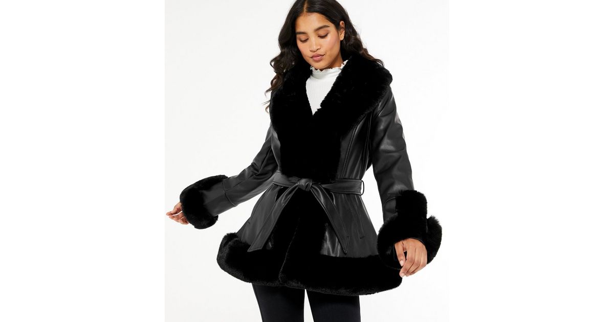 Cameo Rose Leather Look Faux Fur Trim, Leather Belted Fur Trim Coat