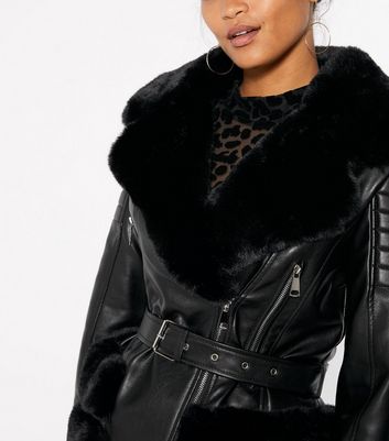 faux fur trimmed faux leather blazer