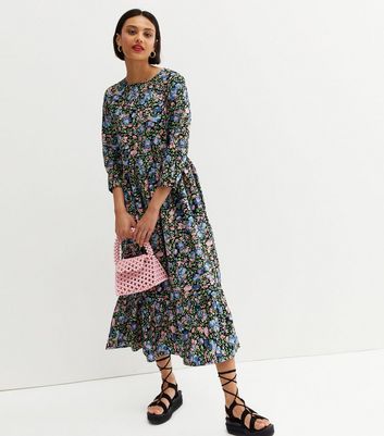 Urban Bliss Black Floral Midi Smock Dress New Look