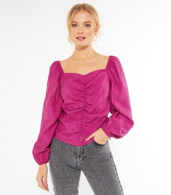 Bright Pink Taffeta Ruched Long Sleeve 
