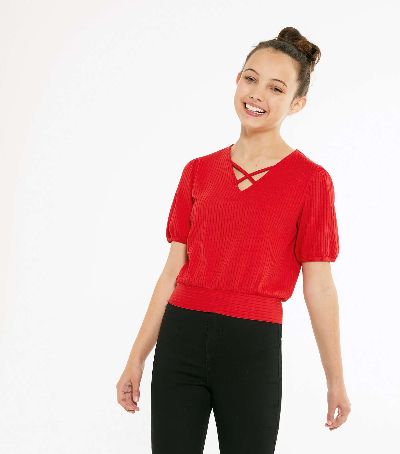 Girls Red Ribbed Lattice Puff Sleeve Top