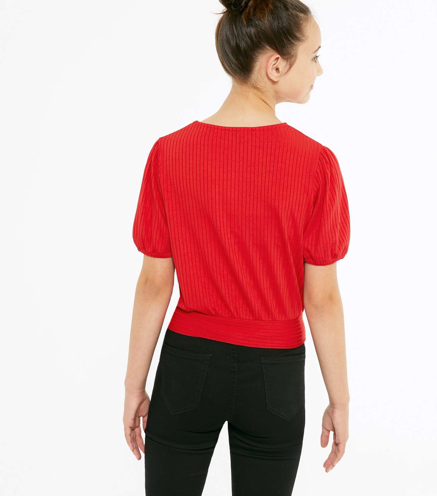 Girls Red Ribbed Lattice Puff Sleeve Top Image 3