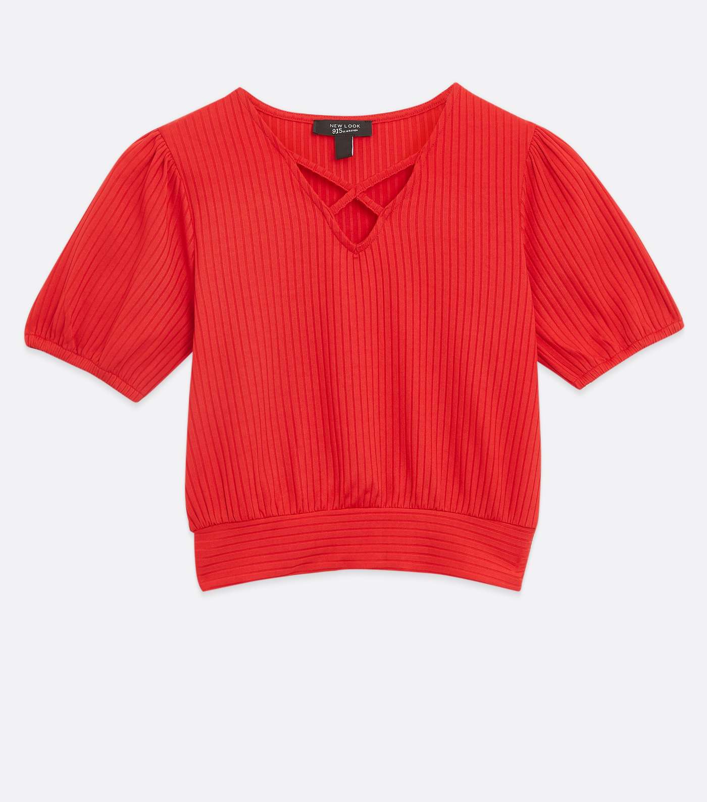 Girls Red Ribbed Lattice Puff Sleeve Top Image 5
