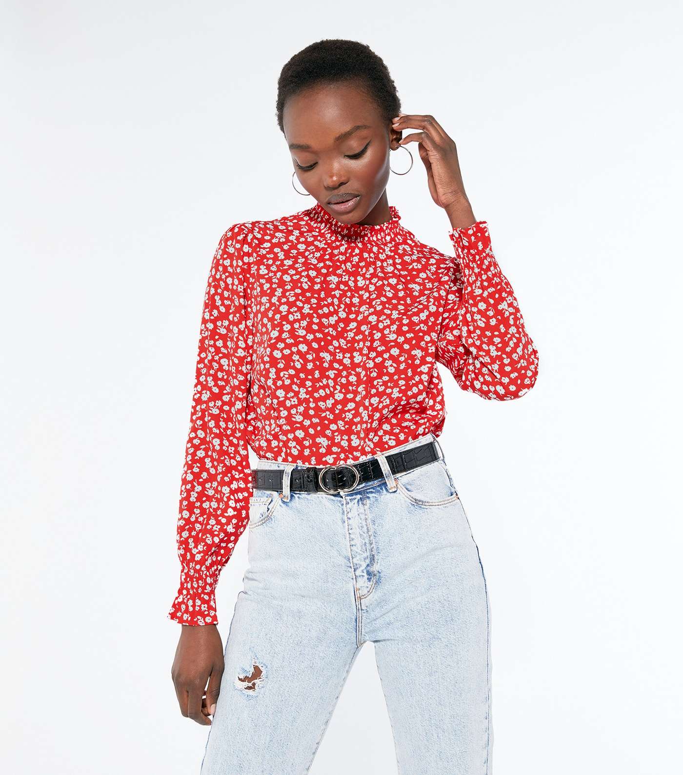 Red Floral Shirred High Neck Blouse 