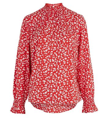 Red Floral Shirred High Neck Blouse 