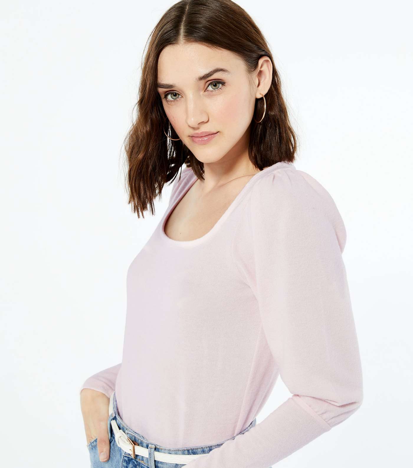 Mid Pink Fine Knit Square Neck Puff Sleeve Jumper  Image 4