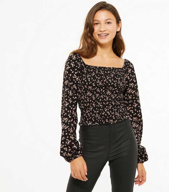 Girls Black Ditsy Floral Shirred Top