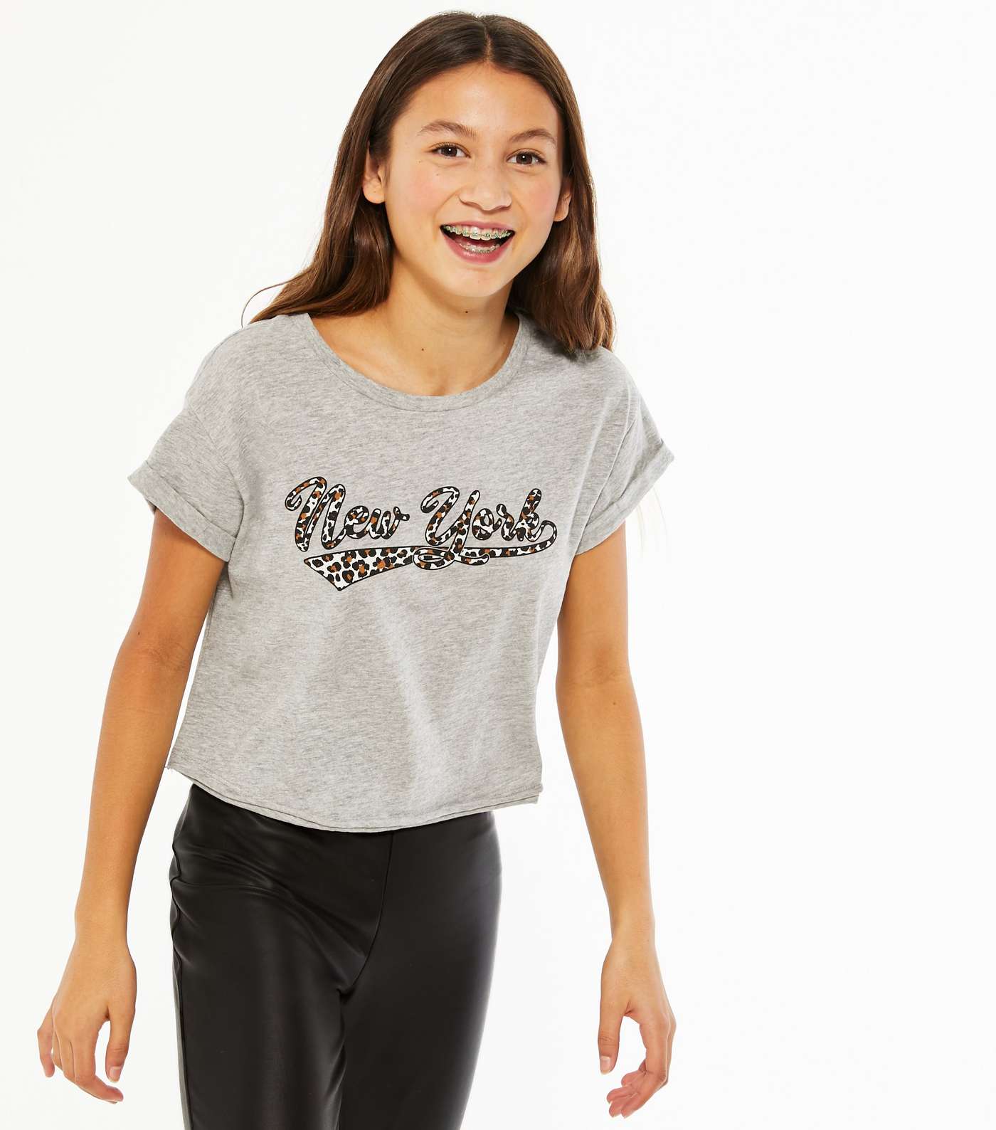Girls Grey New York Leopard Print Logo T-Shirt