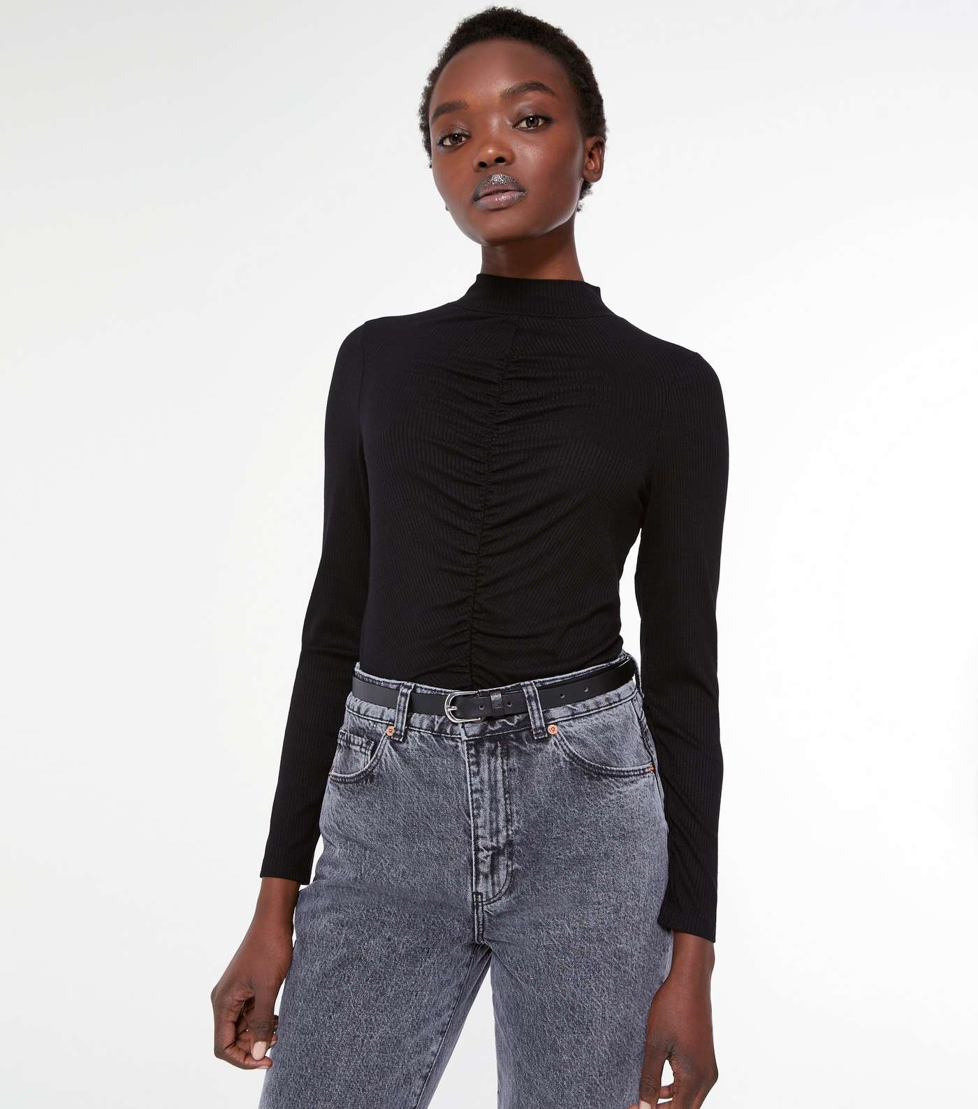 Black Ribbed Ruched Front High Neck Top 