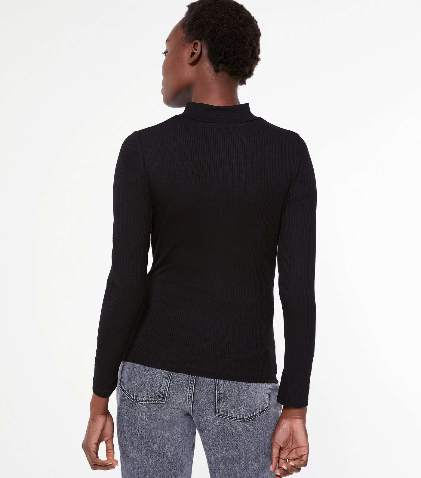 Black Ribbed Ruched Front High Neck Top  Image 3