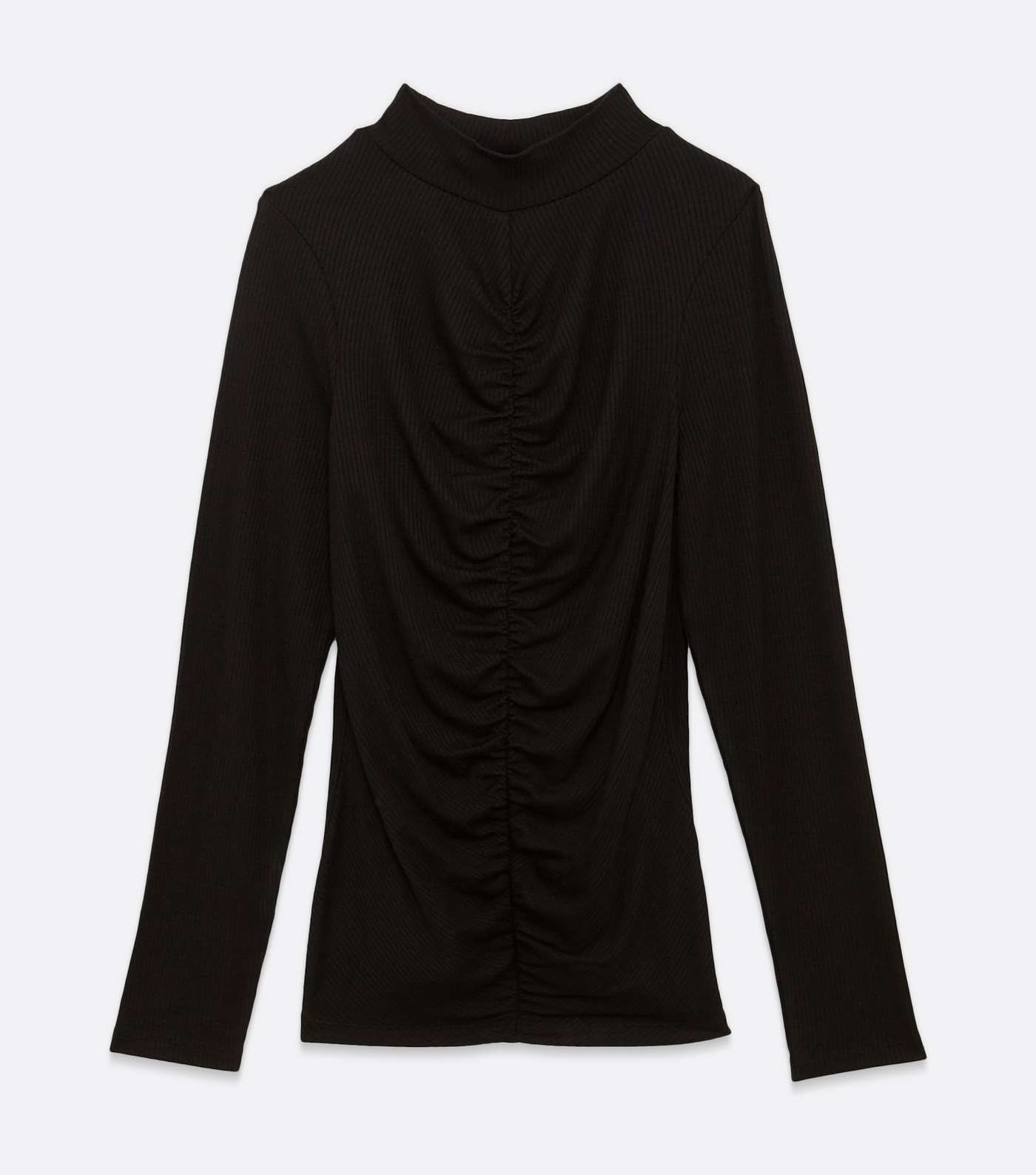 Black Ribbed Ruched Front High Neck Top  Image 5