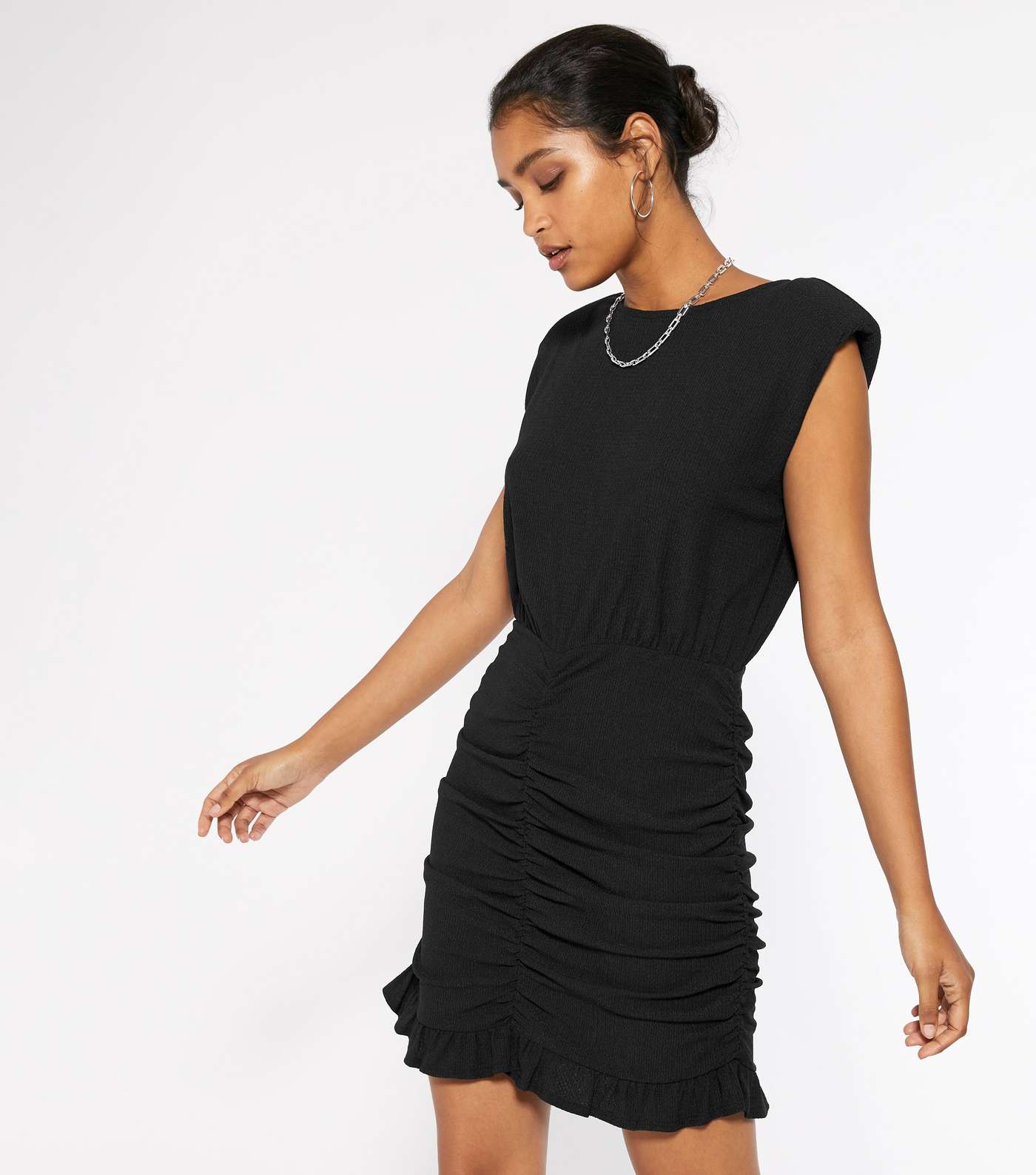 Black Sleeveless Shoulder Pad Ruched Dress  Image 2