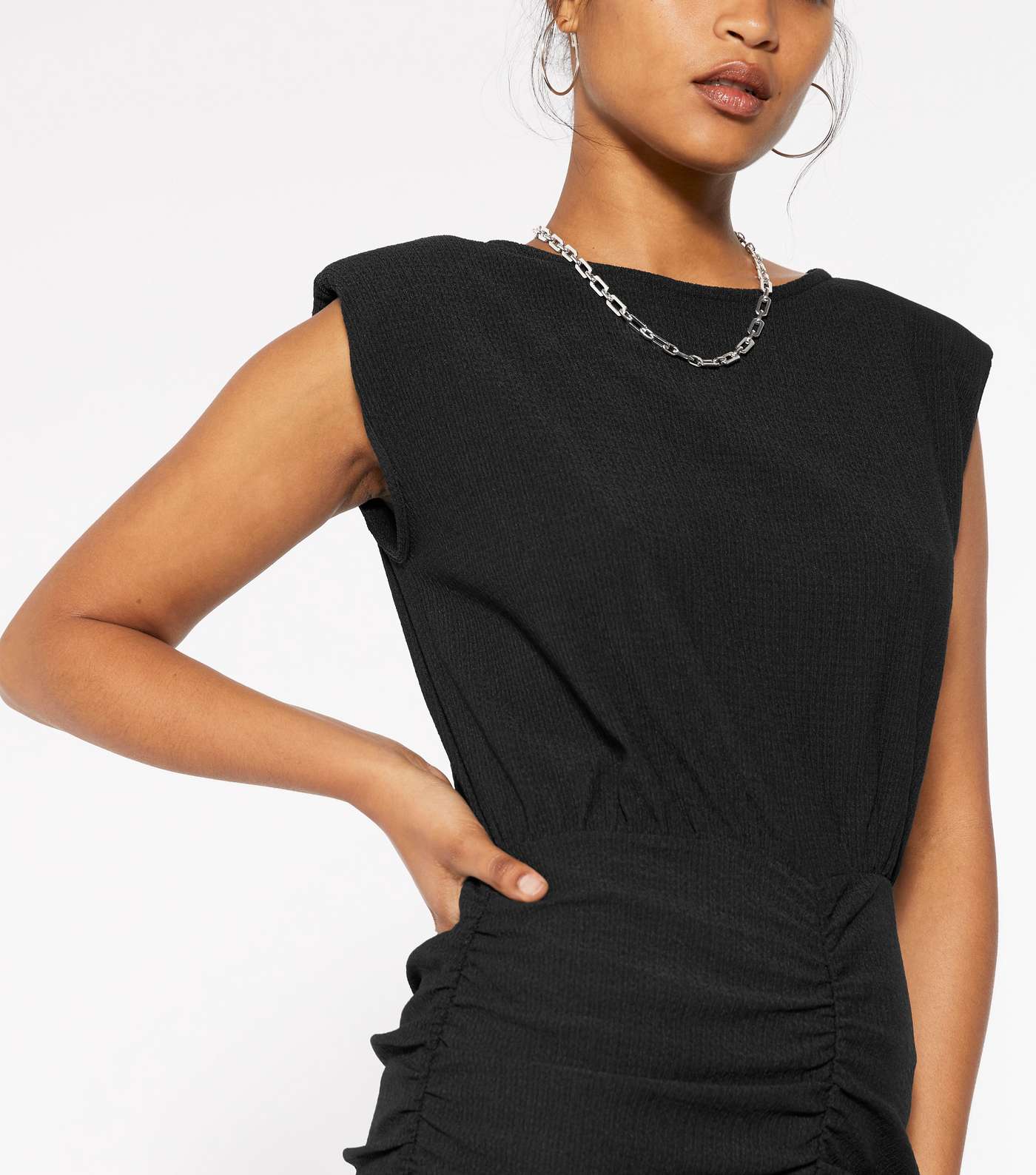 Black Sleeveless Shoulder Pad Ruched Dress  Image 4