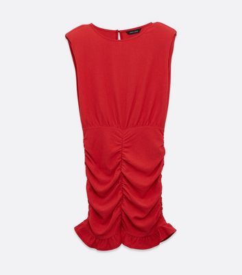 Image of Red Plain Sleeveless Shoulder Pad Ruched Dress New Look