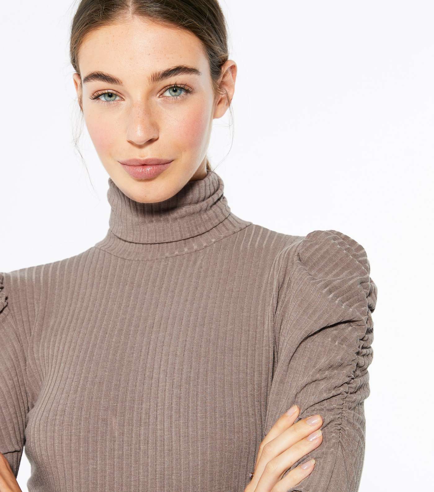 Mink High Neck Puff Sleeve Ribbed Top Image 4