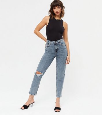 high waisted mom jeans ripped knee