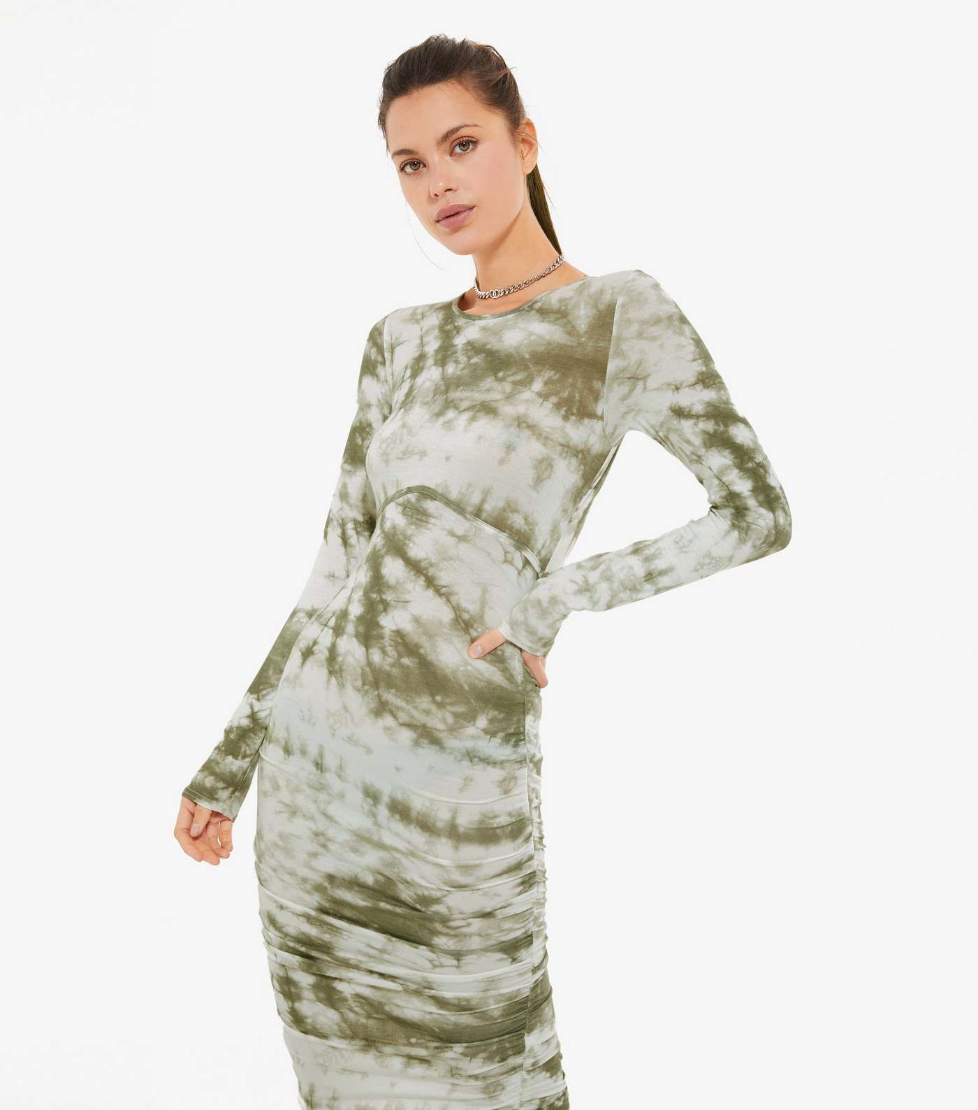 Green Tie Dye Ruched Side Midi Dress Image 2