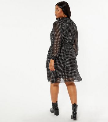 Image of Curves Black Chiffon Spot Shirred Ruffle Mini Dress New Look