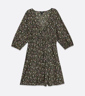 Image of Curves Black Ditsy Floral Wrap Mini Dress New Look