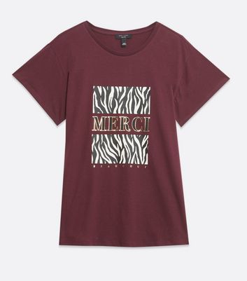 Curves Burgundy Merci Zebra Print Box Logo T Shirt New Look