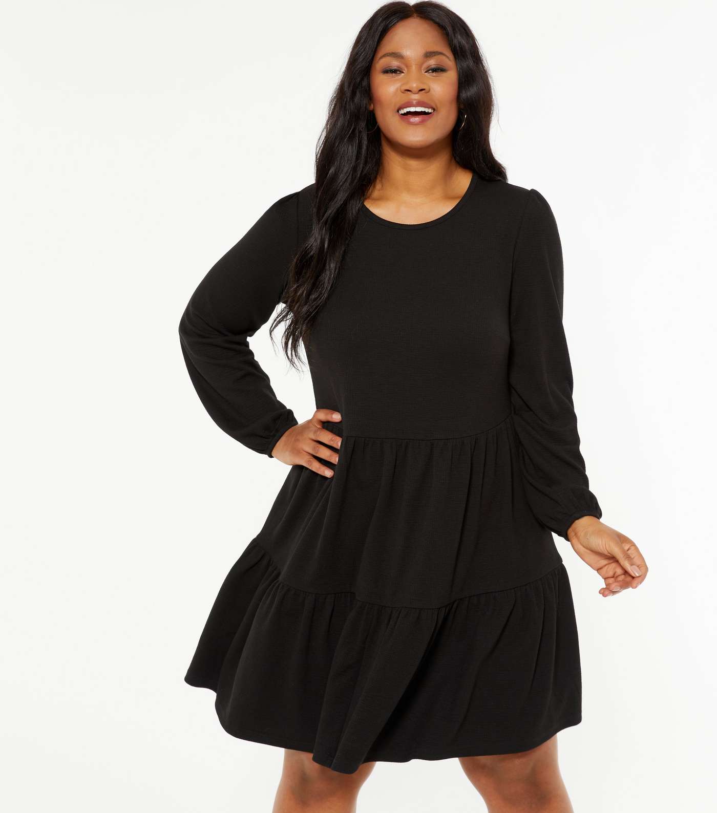 Curves Black Ribbed Tiered Smock Dress
