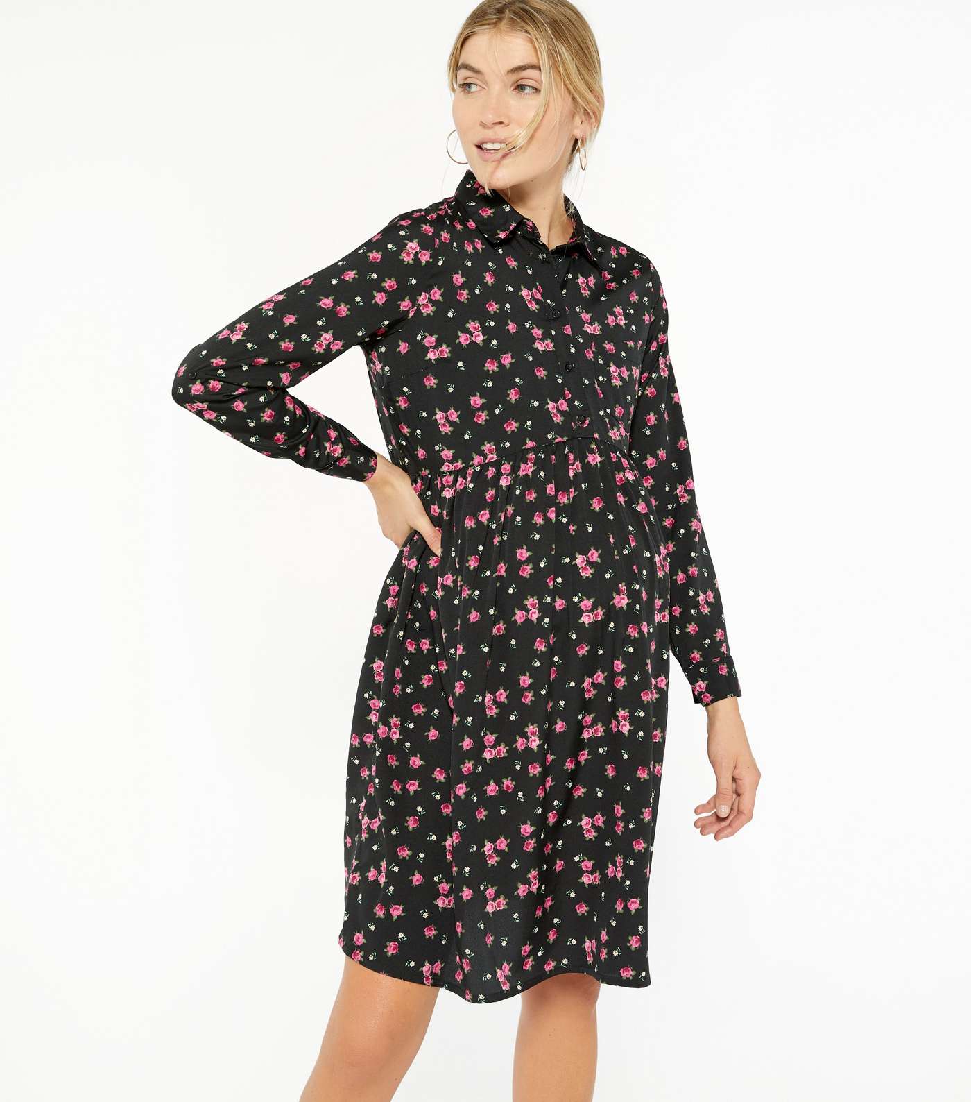 Maternity Black Floral Pleated Shirt Dress Image 2