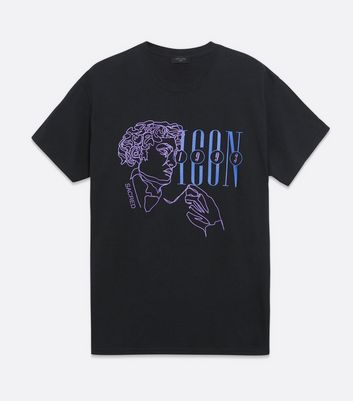 Image of Black Sketch Face Icon Slogan T-Shirt New Look