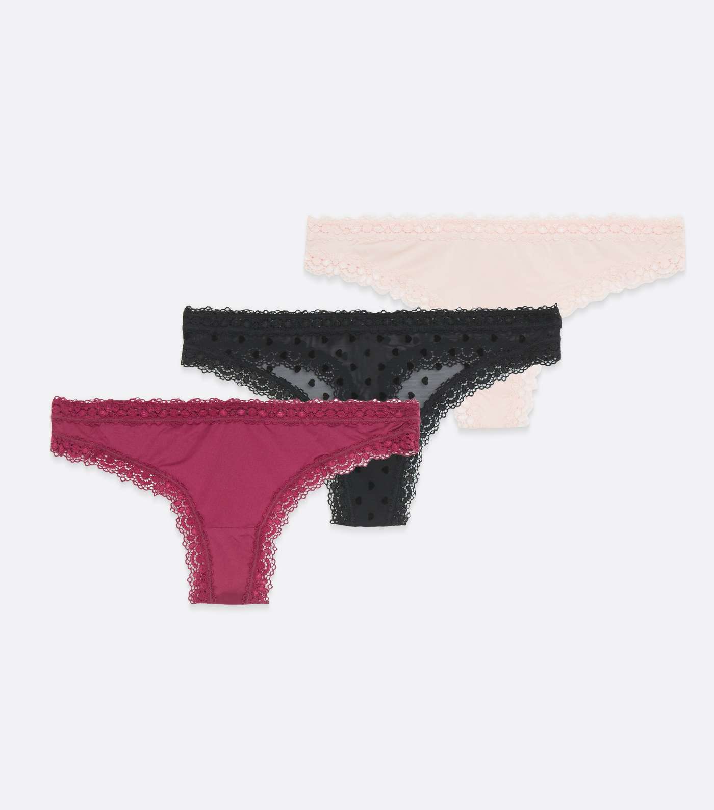 3 Pack Black and Pink Heart Flocked Mesh Thongs Image 5