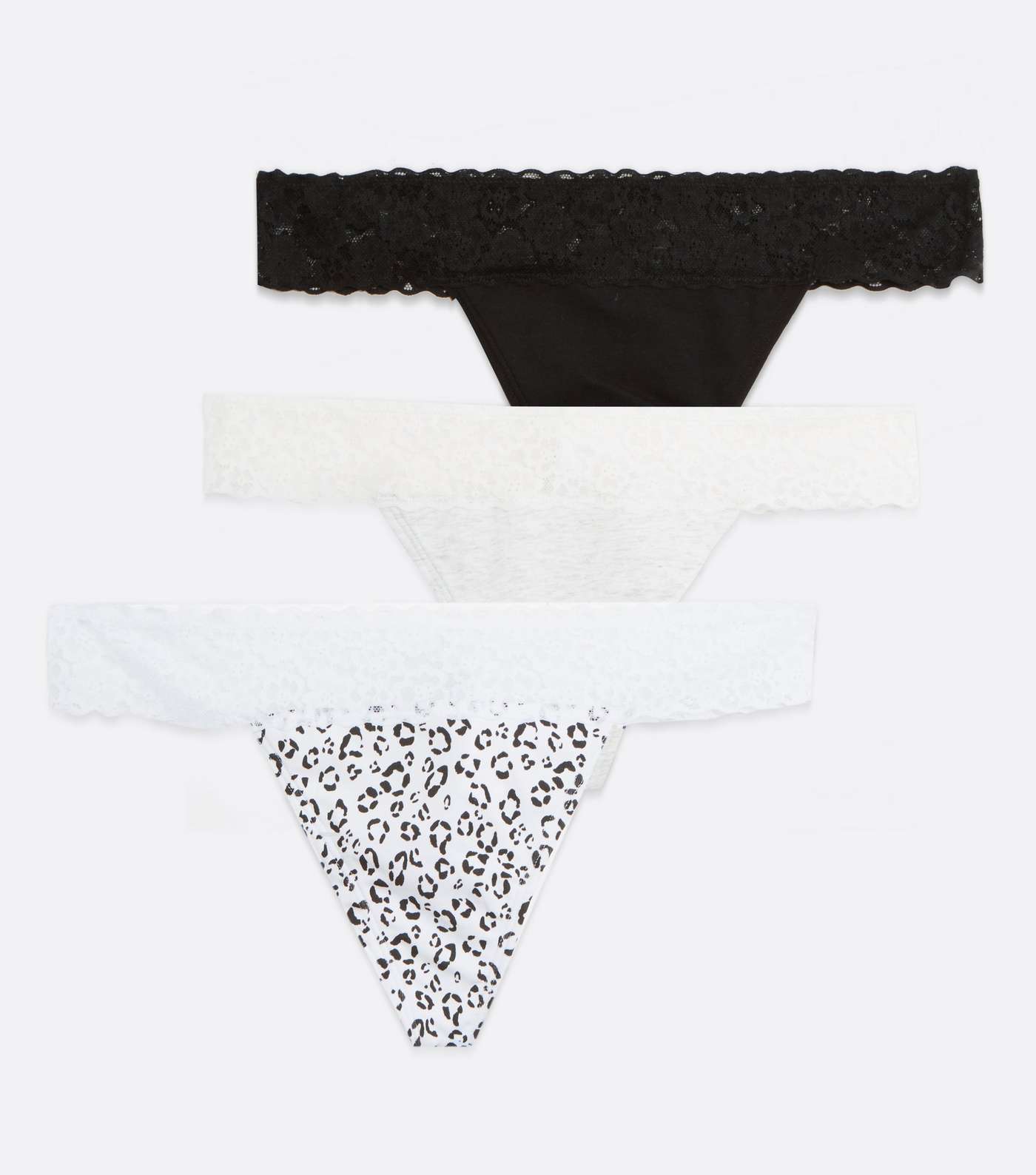 3 Pack White and Black Leopard Print Lace Waist Thongs Image 4