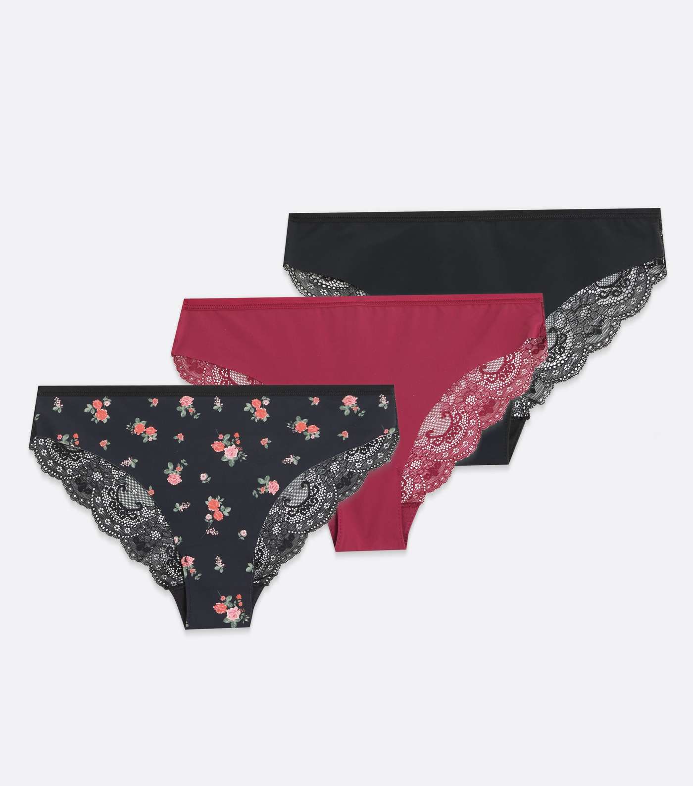 3 Pack Mid Pink and Black Floral Lace Seamless Brazilian Briefs Image 4