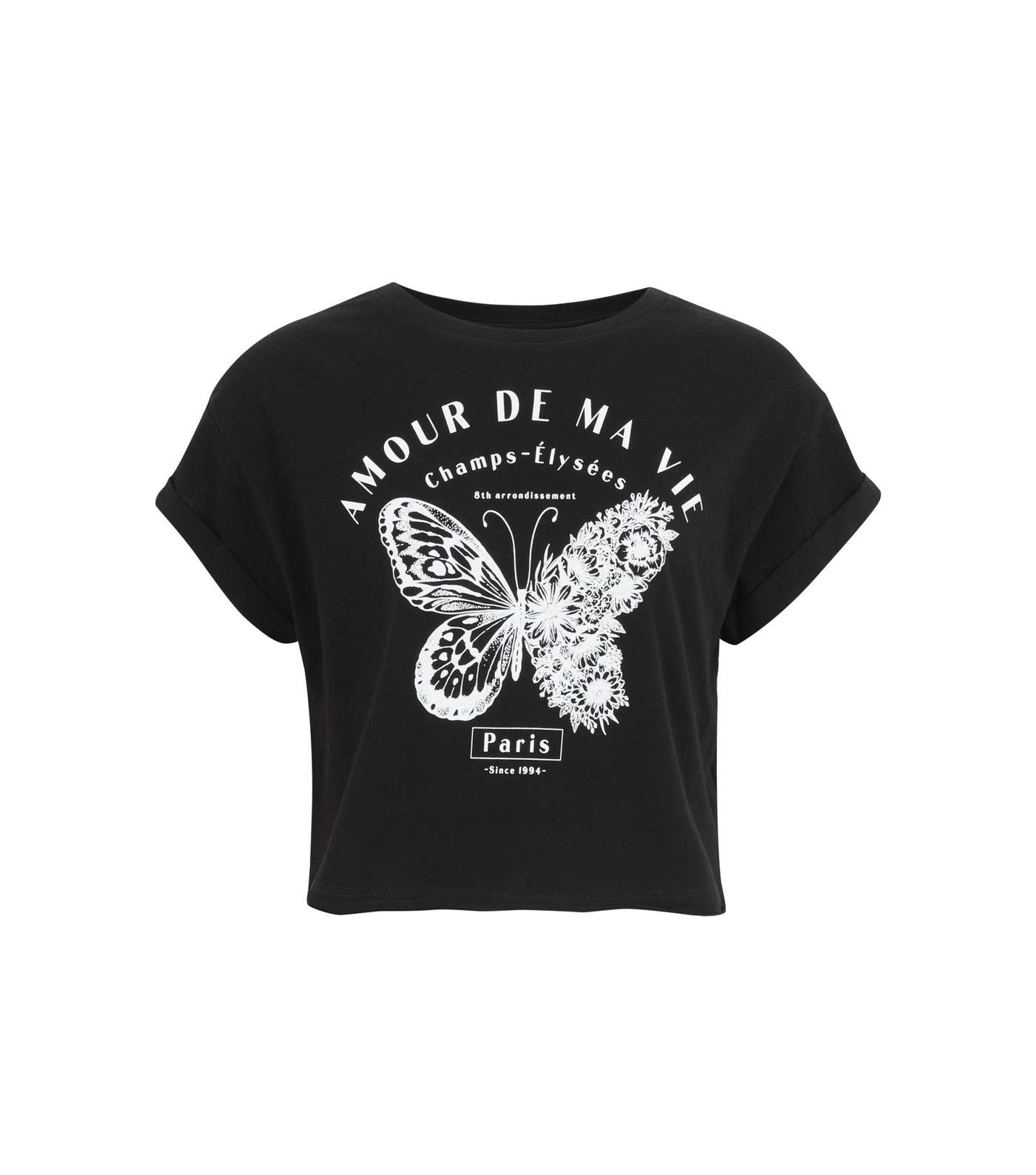 Girls Black Butterfly Amour Slogan T-Shirt