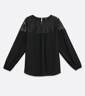 Image of Curves Black Floral Lace Long Sleeve Top New Look